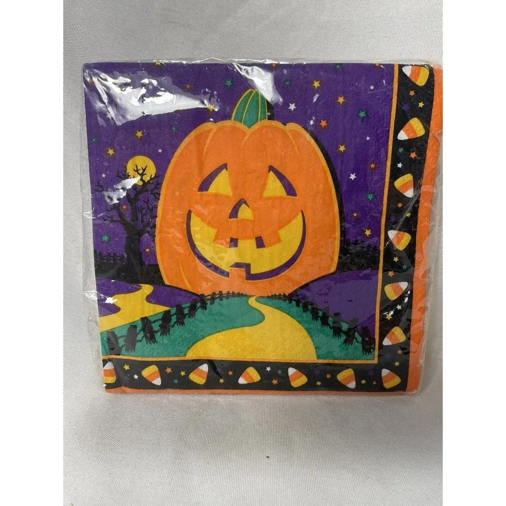 Vintage Halloween Orange Pumpkin Candy Corn Amscan Beverage Napkins 16 3-ply